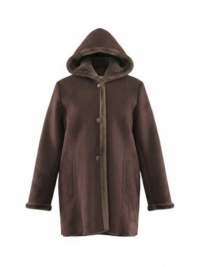 Larry Levine Brown Hooded Faux Suede Coat L With Faux Fur Lining